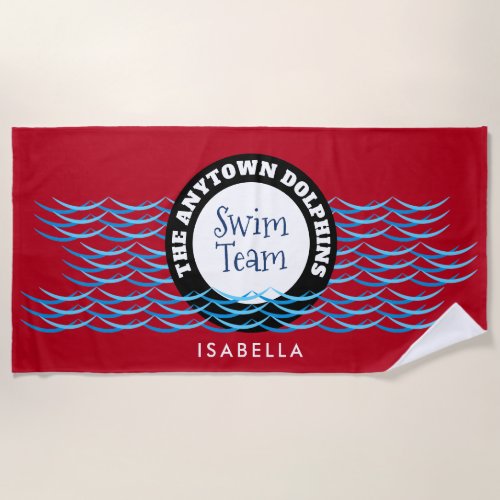 Water Waves Swim Team Personalized Red Beach Towel