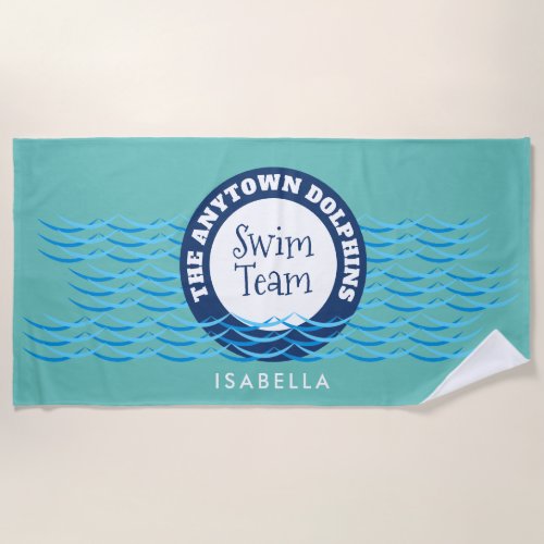 Water Waves Swim Team Personalized Teal Beach Towel