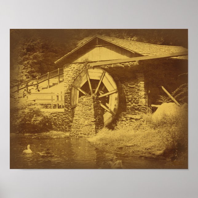 Water Wheel Duck Pond Vintage Look Poster (Front)