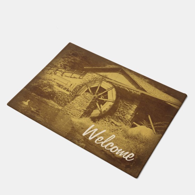 Water Wheel Duck Pond Vintage Welcome Doormat (Angled)
