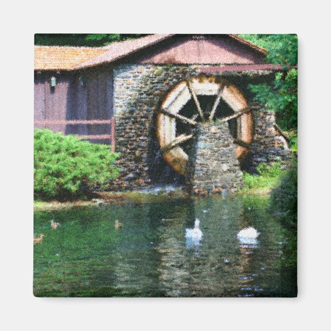 Water Wheel Pond Seurat Painting Magnet (Front)