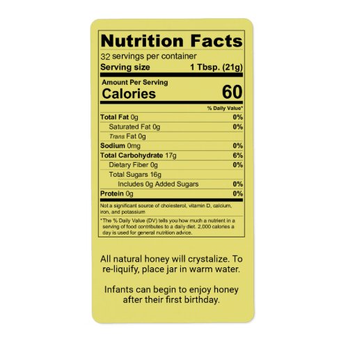 Water White Honey Jar Nutrition Facts Labels