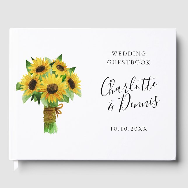 waterclor sunflower bouquet wedding guest book (Front)