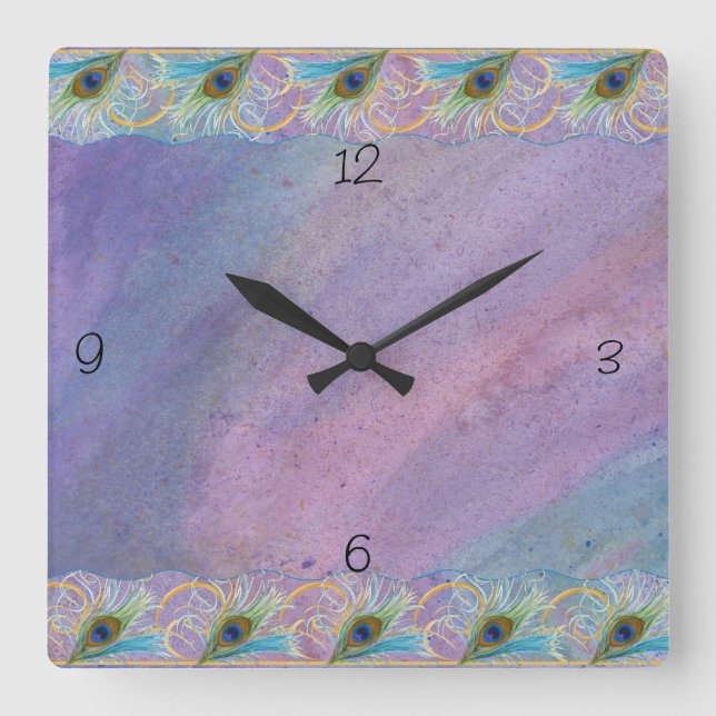 Watercoclor Peacock Glory Square Wall Clock (Front)