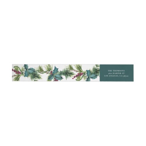 Watercolo Evergreen Leaves and Holly Holidays Wrap Around Label