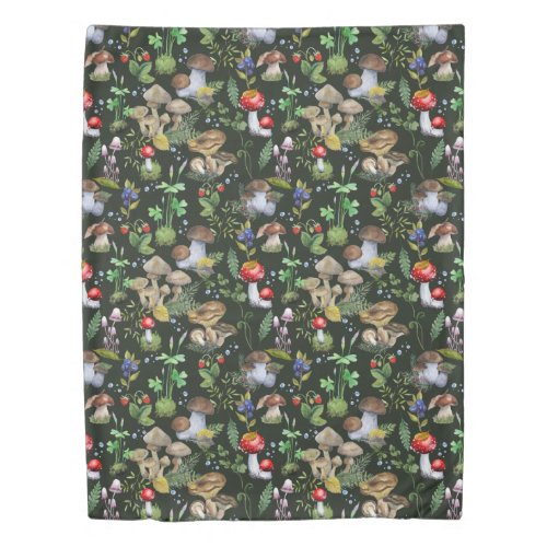 Watercolo Forest Greenery Mushrooms Plants Pattern Duvet Cover
