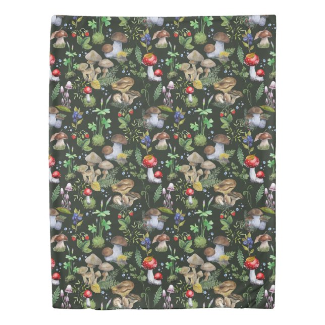Watercolo Forest Greenery Mushrooms Plants Pattern Duvet Cover (Front)