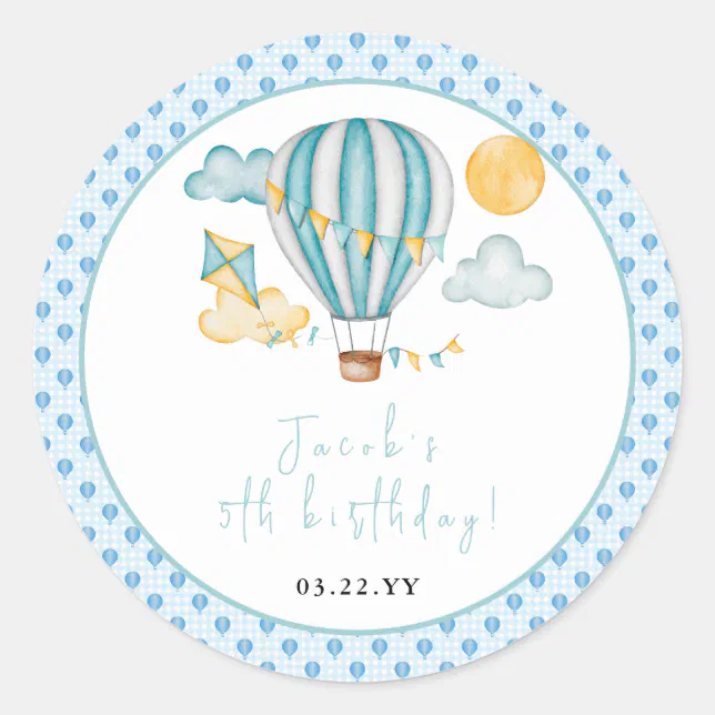 Watercolo Hot Air Balloon Kid 5th Birthday Party Classic Round Sticker ...