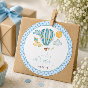 Watercolo Hot Air Balloon Kid 5th Birthday Party Classic Round Sticker