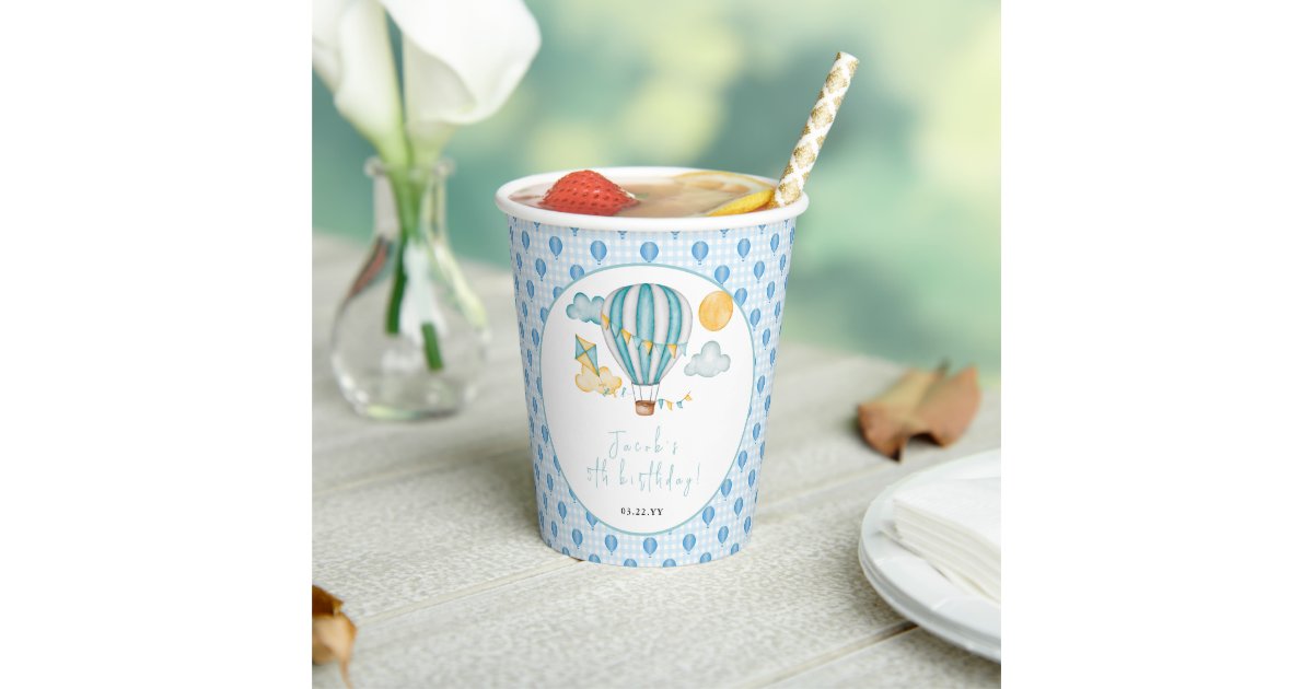 Watercolo Hot Air Balloon Kid 5th Birthday Party Paper Cups | Zazzle