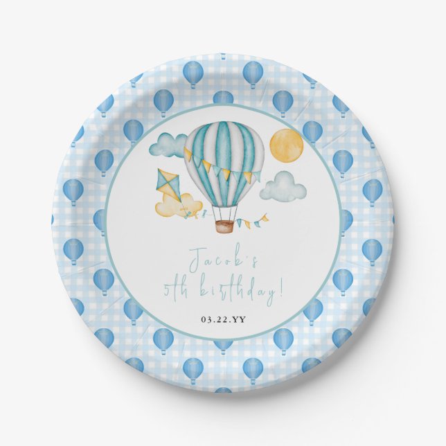 Watercolo Hot Air Balloon Kid 5th Birthday Party  Paper Plates (Front)