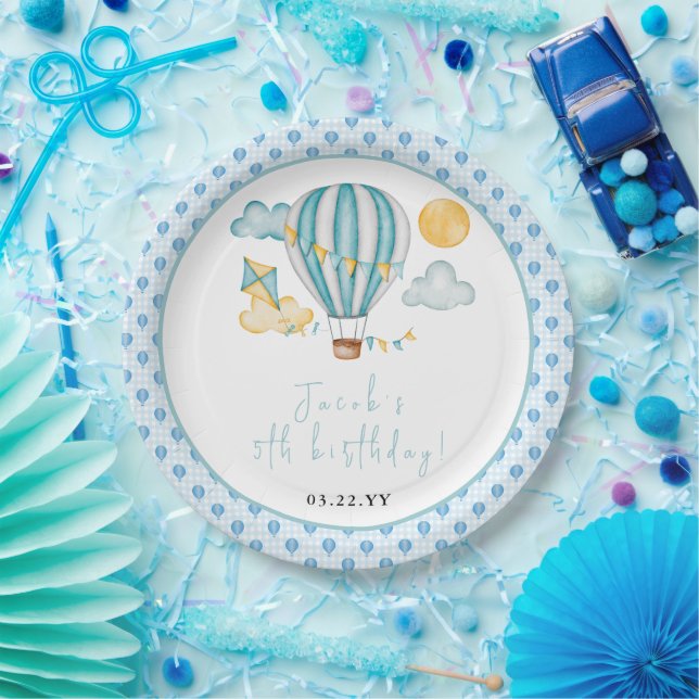 Watercolo Hot Air Balloon Kid 5th Birthday Party  Paper Plates (Party)