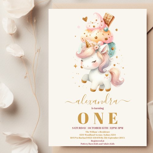 Watercolo Ice Cream  Unicorn 1st Birthday Pastel Invitation