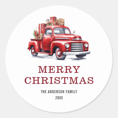 Watercolo Merry Christmas Red Truck Gifts Family Classic Round Sticker