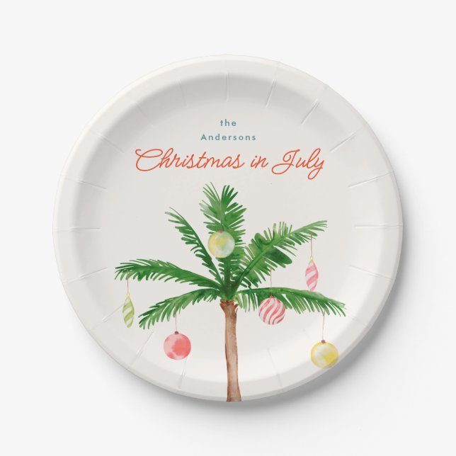 Watercolo Palm Tree Christmas in July Summer Party Paper Plates (Front)
