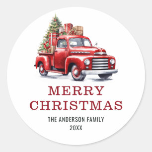 Watercolo Red Truck Tree Family Merry Christmas Classic Round Sticker