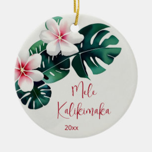 Watercolo Tropical Mele Kalikimaka Family Photo Ceramic Ornament