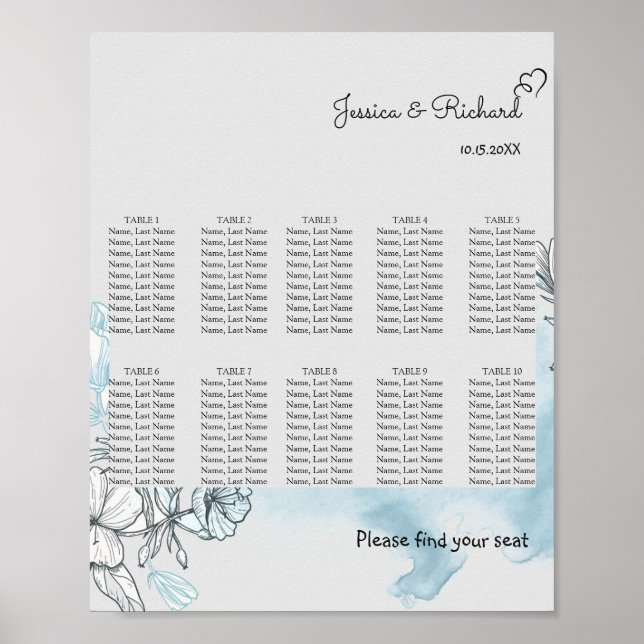 Watercolor 10 Tables Seating Chart Poster Sign (Front)