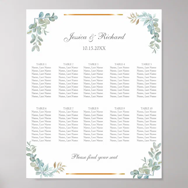 Watercolor 10 Tables Seating Chart Poster Sign | Zazzle