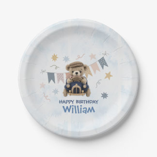 Watercolor 1st Birthday Boy Crochet Car Paper Plates
