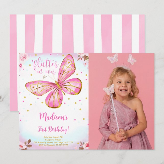 Watercolor 1st Birthday Butterfly Photo Invitation (Front/Back)