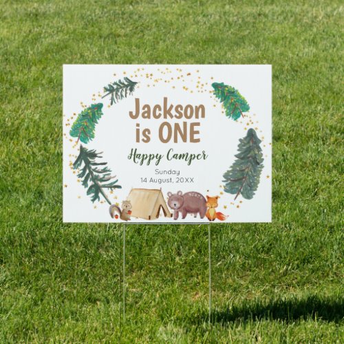 Watercolor 1st Birthday Happy Camper Banner Sign