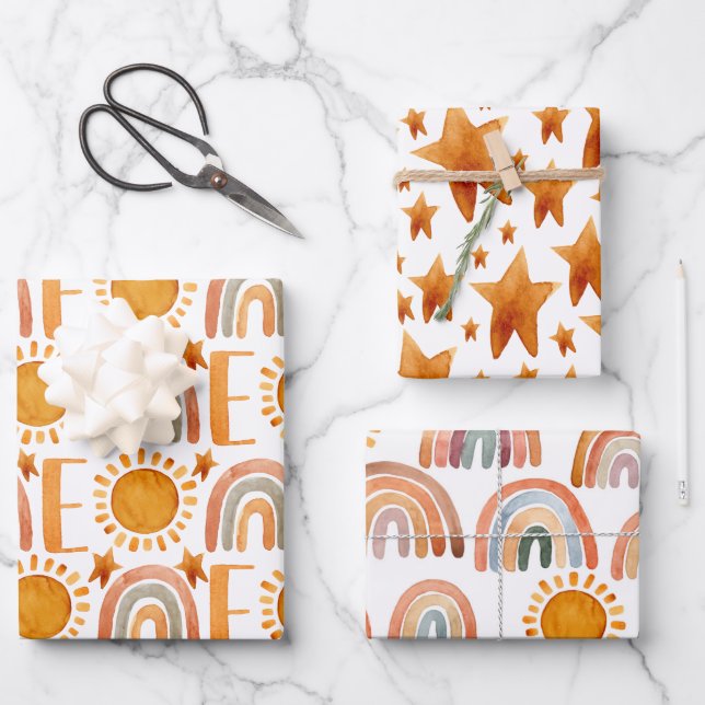 Watercolor 1st Birthday Happy Fun Boho  Wrapping Paper Sheets (Front)