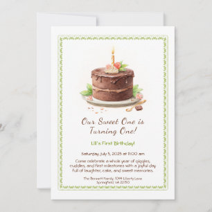 Watercolor 1st Birthday Invitation - Cake chocolat