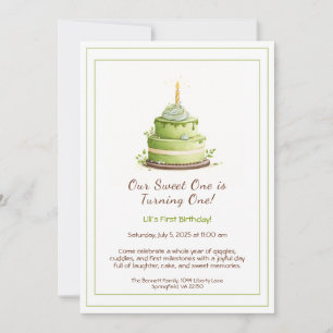 Watercolor 1st Birthday Invitation - Cake green