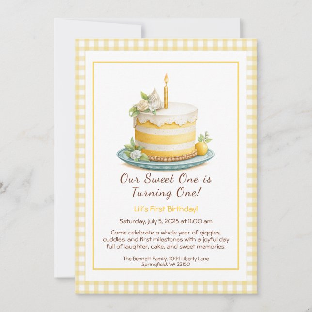 Watercolor 1st Birthday Invitation - Cake yellow (Front)