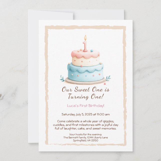 Watercolor 1st Birthday Invitation with Cake Candl (Front)