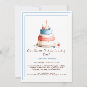 Watercolor 1st Birthday Invitation with Cake Candl