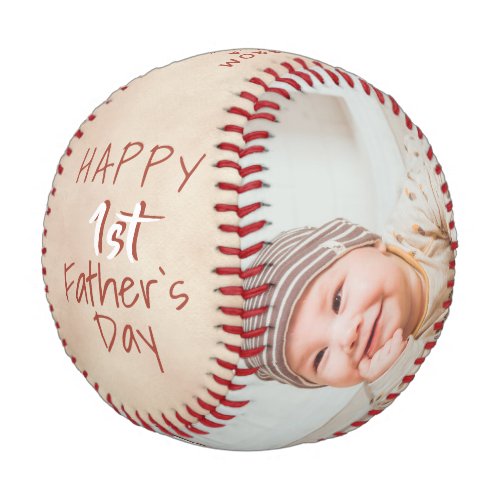 Watercolor 1st Father`s Day Script 2 Photos Baseball - Watercolor 1st Father`s Day Script 2 Photos Baseball. Cute design for the new dad. Trendy script Happy Father`s Day, message with name and year is on blush orange watercolor background. Add your 2 favorite photos and make a sweet gift for a new dad for Father`s Day.