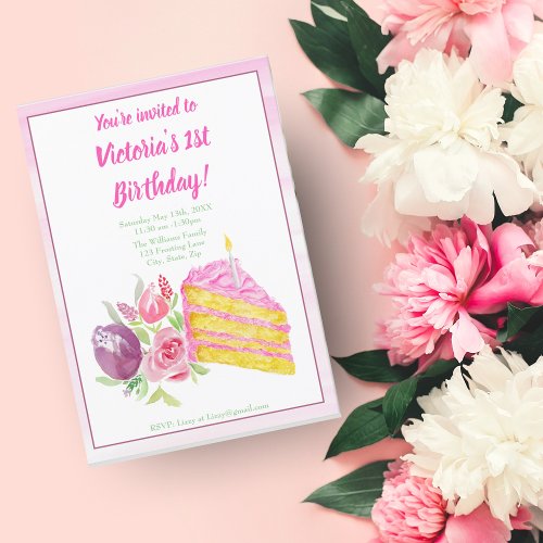 Watercolor 1st Pink Birthday Cake With Flowers Invitation