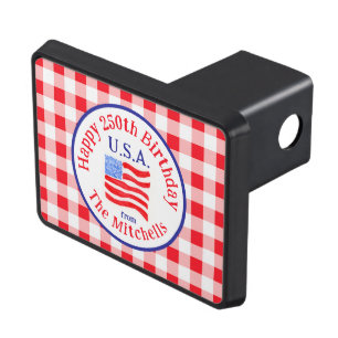 Watercolor 250 Birthday USA Flag Red Check Hitch Cover