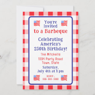 Watercolor 250 Birthday USA Flag Red Check  Invitation