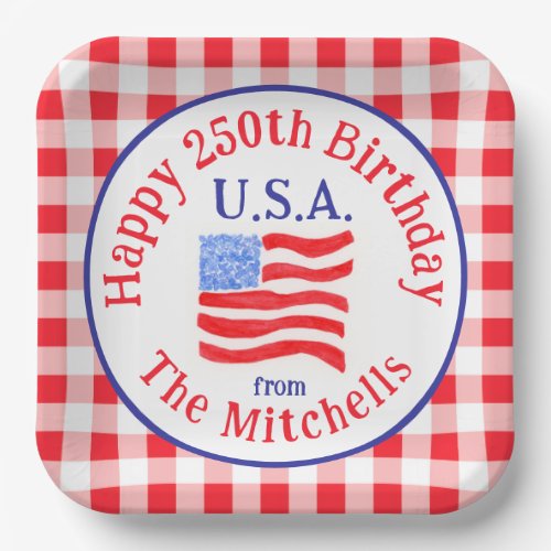 Watercolor 250 Birthday USA Flag Red Check NAME