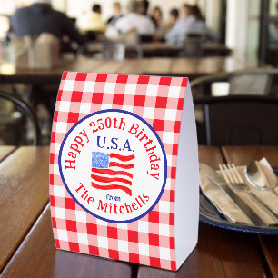 Watercolor 250 Birthday USA Flag Red Check Paper Table Tent