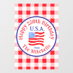 Watercolor 250 Birthday USA Flag Red Check Window Cling