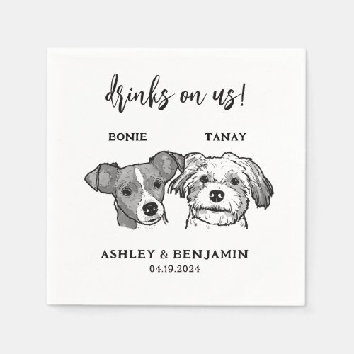Watercolor 2 Dogs Faces Pet Drinks on Us Wedding  Napkins