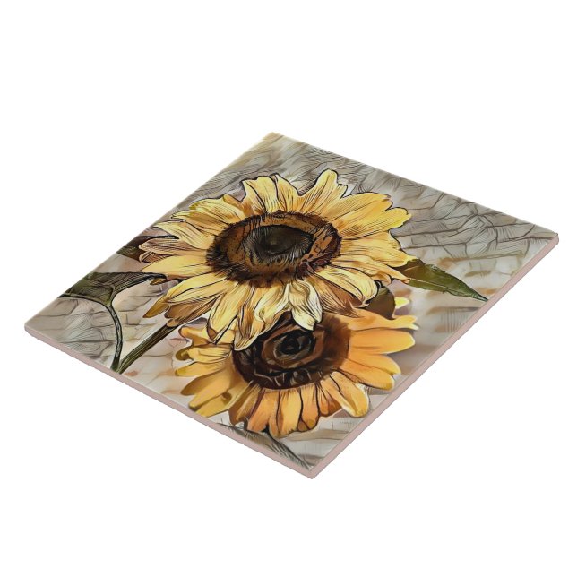 Watercolor 2 Glossy Sunflowers Elegant Collection Ceramic Tile (Side)