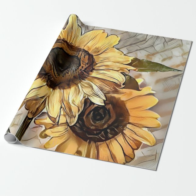 Watercolor 2 Glossy Sunflowers Elegant Collection Wrapping Paper (Unrolled)