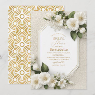 Watercolor 3D white flowers gold Bridal Shower Invitation