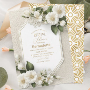Watercolor 3D white flowers gold Bridal Shower Invitation