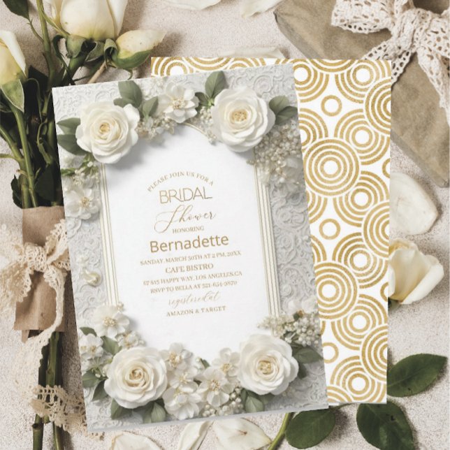  Watercolor 3D white flowers  gold  Bridal Shower Invitation (Creator Uploaded)