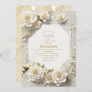 Watercolor 3D white flowers gold Bridal Shower Invitation