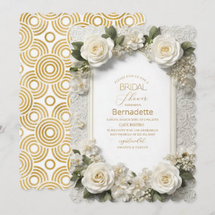  Watercolor 3D white flowers  gold  Bridal Shower Invitation