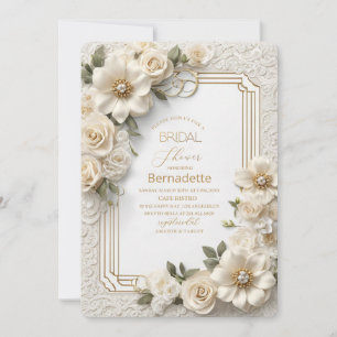 Watercolor 3D white flowers gold Bridal Shower Invitation