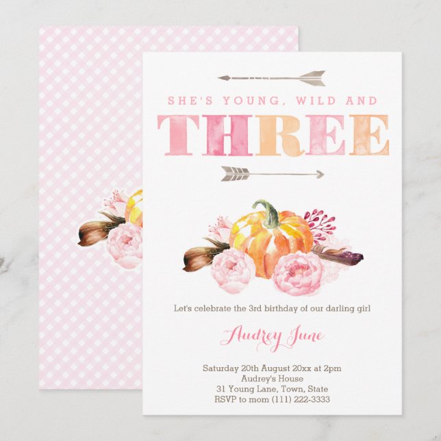 watercolor 3rd birthday party invite, boho pumpkin invitation (Front/Back)