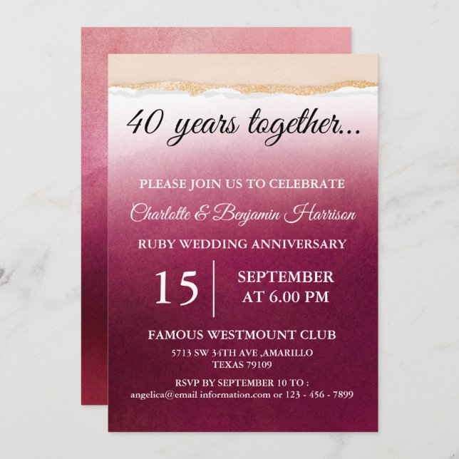 Watercolor 40th Ruby Wedding Anniversary Invitation (Front/Back)